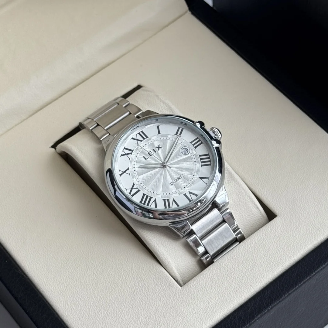 Elegant Men's Watches Roman Scale Analog Quartz Watch For Men Stainless Steel Silver Calendar Wristwatch Gifts Clock Montre