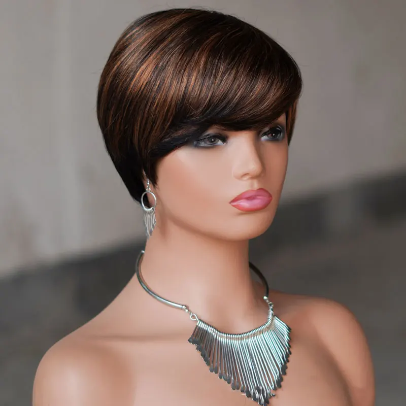JOVIA 5Inch Pixie Cut Short Straight Human Hair Wig With Bangs Full Machine Made Colored Real Hair Wigs For Women Cosplay Daily