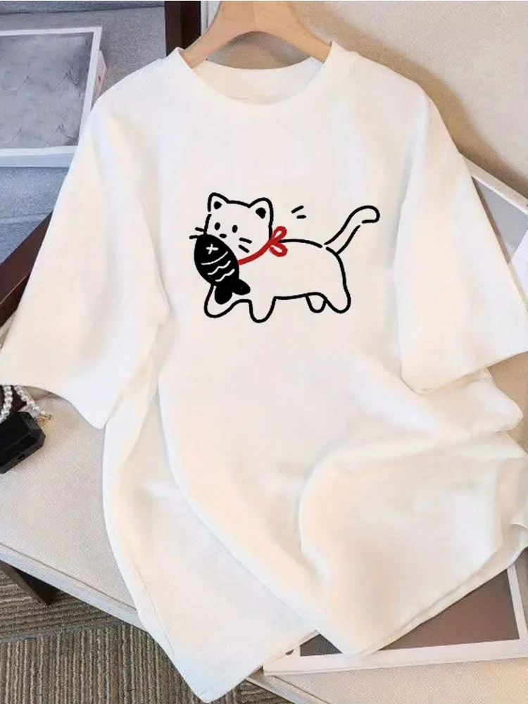 

Женская хлопковая свободная футболка с рисунком кота для селфи, повседневная футболка с круглым вырезом и короткими рукавами, модный трендовый принт, забавный дизайн