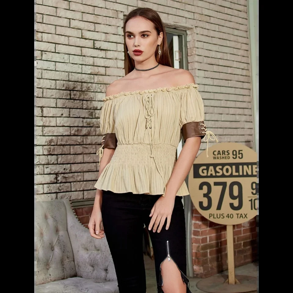 

Retro Short Sleeve Tops Women 2025 Summer Fashion Off Shoulder Blouse for Women