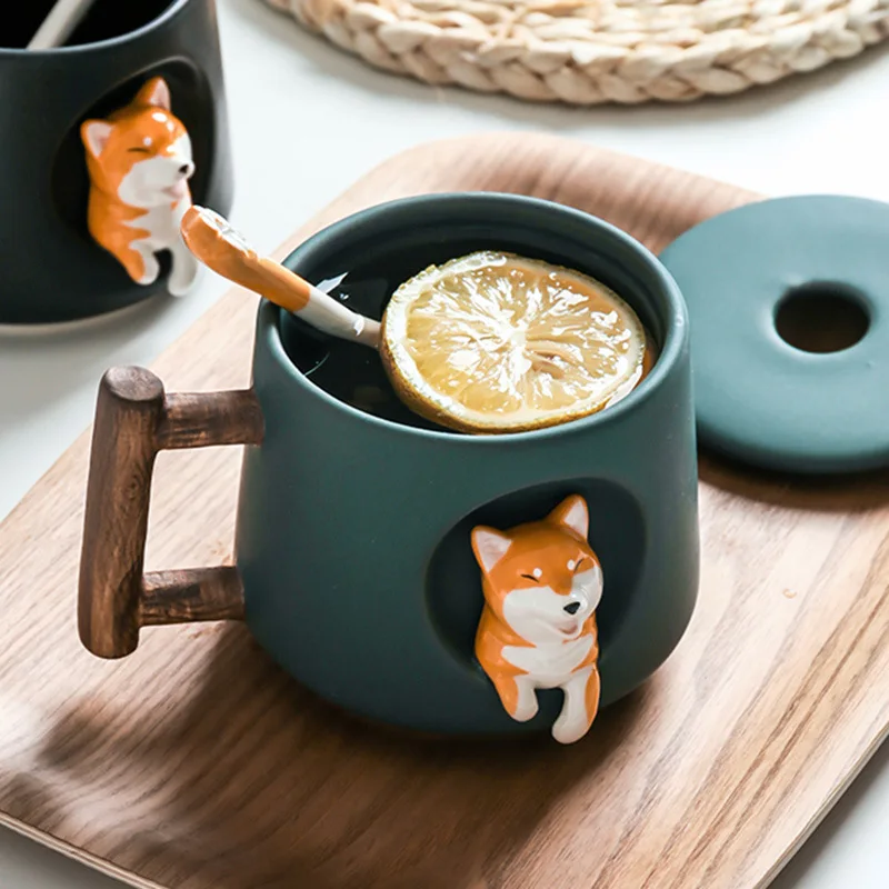 Creative Ceramic Relief Corgi Cartoon Ceramic Cup with Lid Spoon Small Animal Firewood Dog Cup Cute Coffee Milk Cup