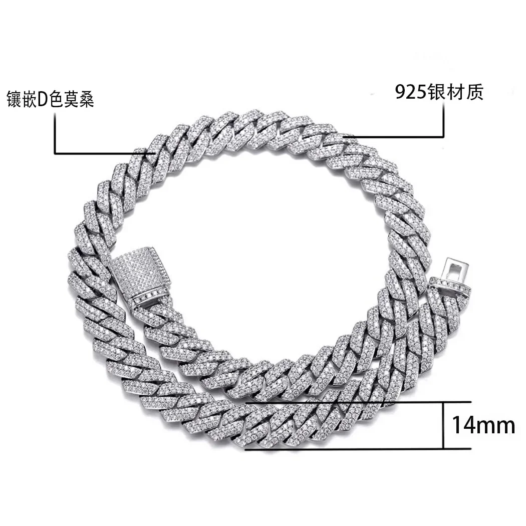 

necklace 12mm full inlaid with Mozambican S925 silver bracelet Cuban chain trendy necklace accessories moissanite