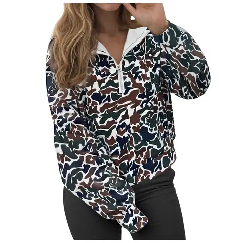 Autumn Winter Tops Hoodies Long Sleeves Clothing Camo Hoodie Quarter Zip Pullover Sweater Women Oversized Cute одежда женская
