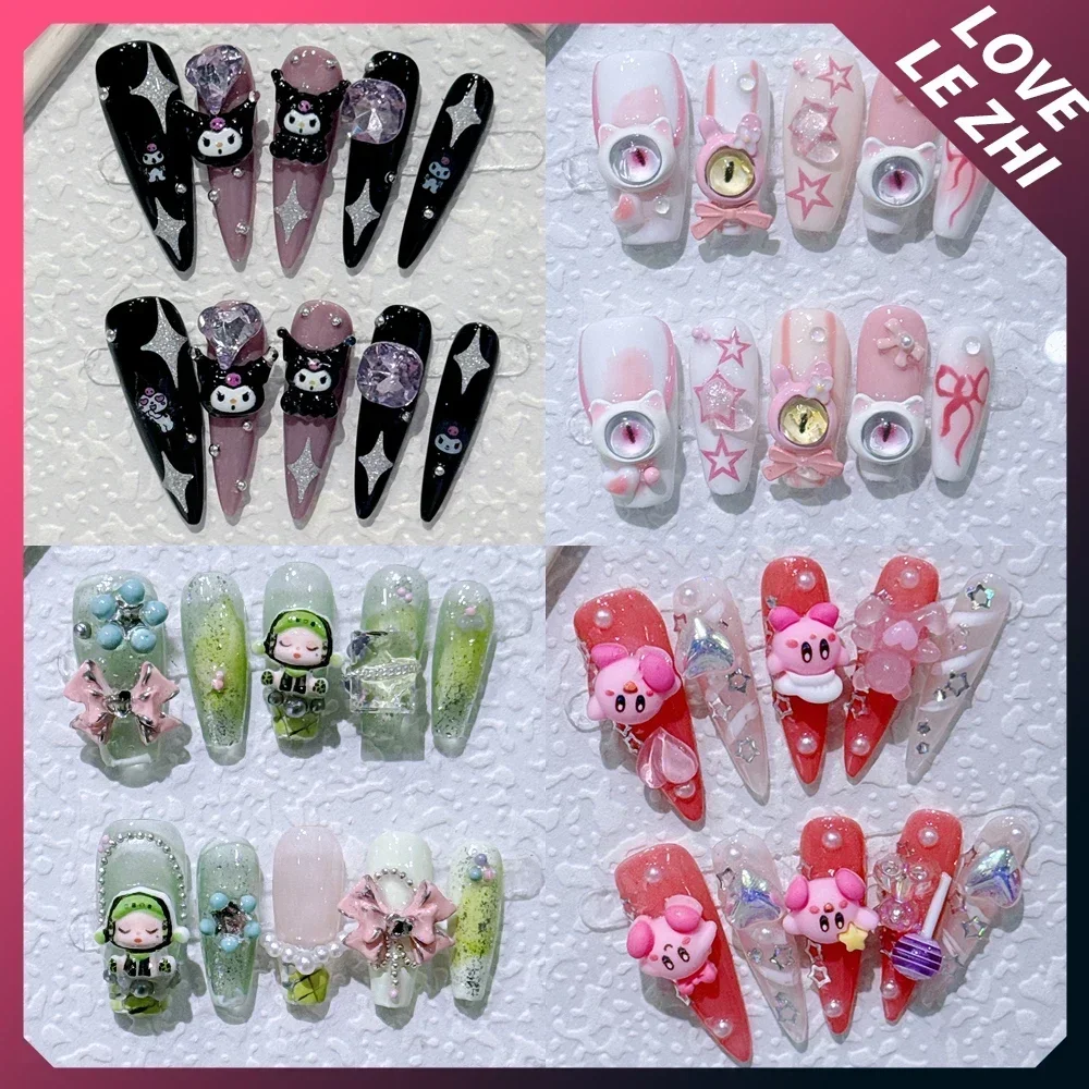 

2024 New Kawaii Long Coffin Short Square 10Pcs Fake Nails HelloKitty Kuromi Cute Zoon 3D Handwork Full Cover Nail Tips Girl Gift