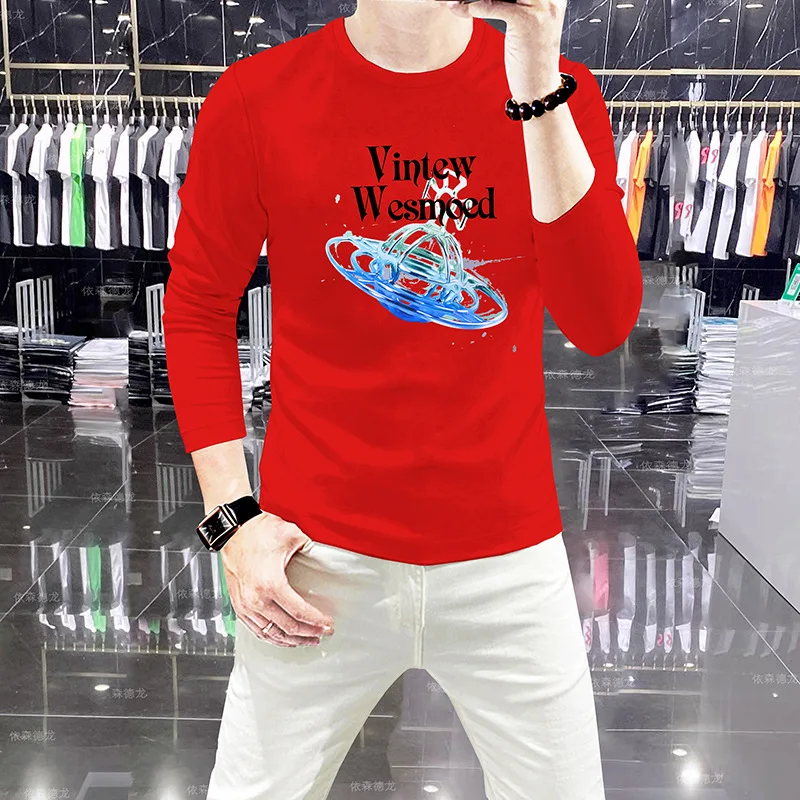 Men Luxury Long Sleeve Crew Neck T-Shirt Autumn Rhinestone Letter Print Tops Fashion Slim Fit Casual Tees Male Streetwear Daily