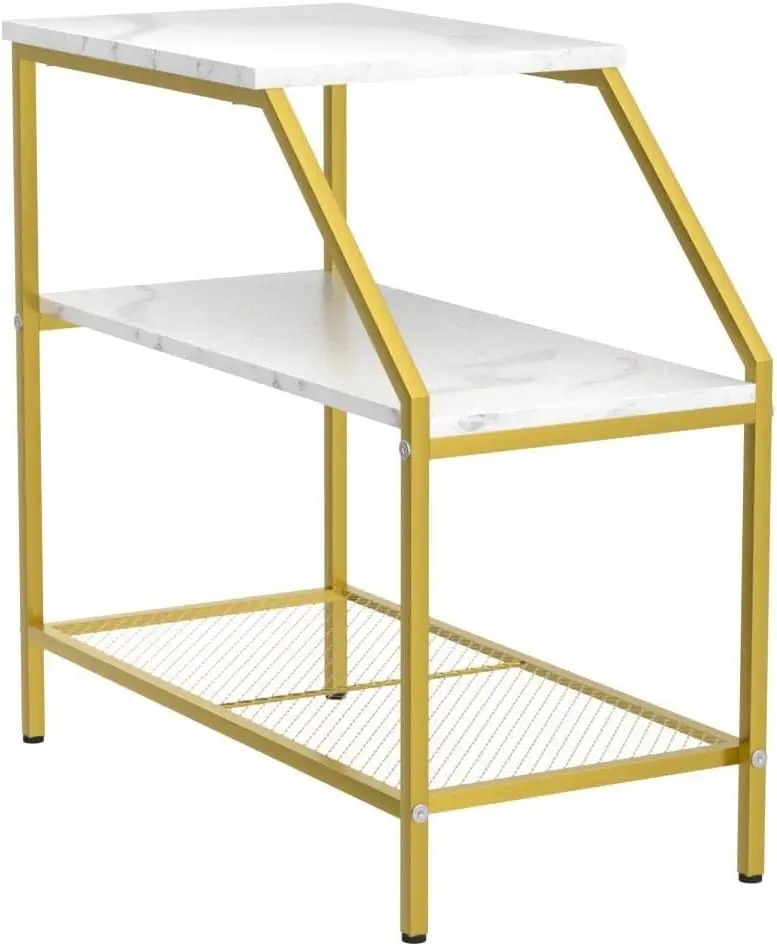 Wolawu End Table 3 Tiers 2pcs White Marble Wood Nightstand with Storage Ladder Shelf,Industrial Sofa Side Table for Small Space, Modern Trapezoid Plant Stand in Living Room Bedroom,Gold Metal Frame