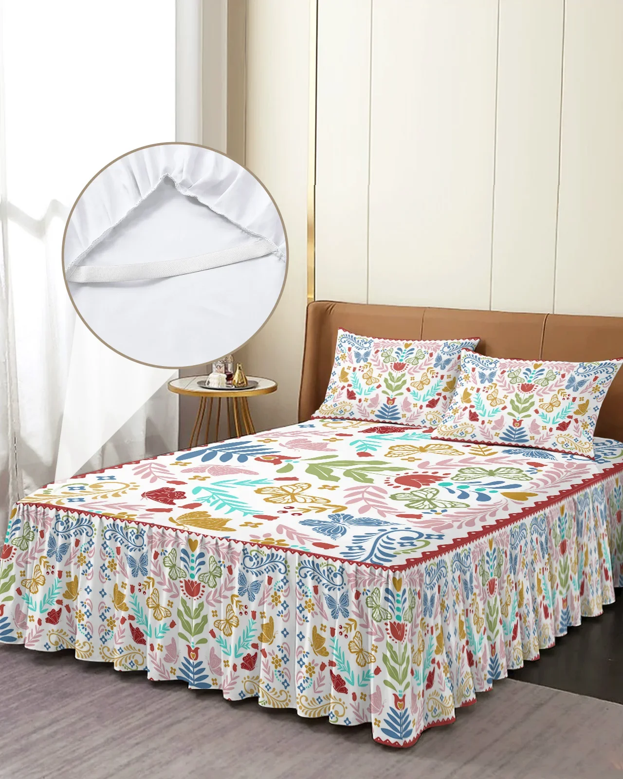 Mexico Butterfly Flower Leaf Dot Bed Skirt Elastic Fitted Bedspread With Pillowcases Mattress Cover Bedding Set Bed Sheet