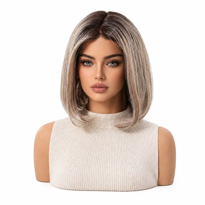 Women Mono Cap Bob Wig Ash Blonde Balayage Short Soft Synthetic Hair Natural Scalp Free Parting Heat Resistant Daily Wig