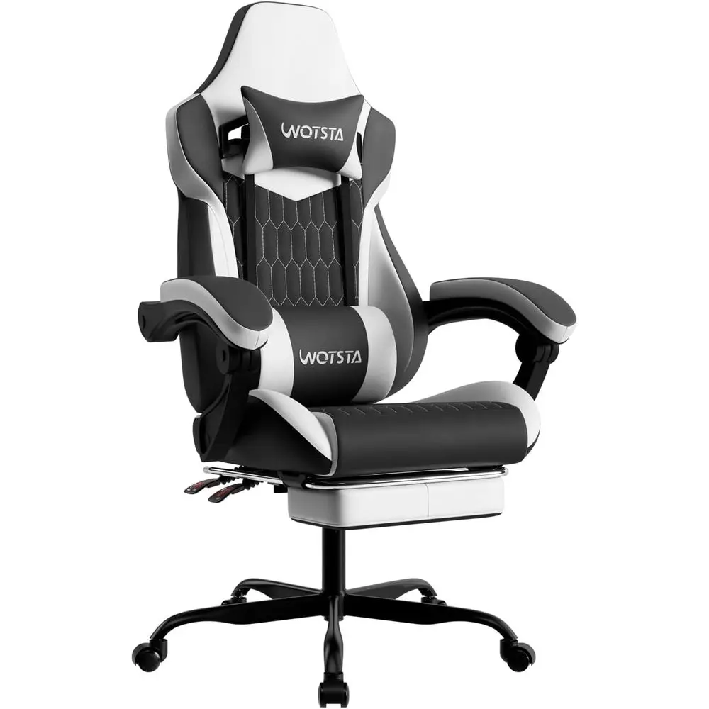 Ergonomic High-Back Gaming Chair with Adjustable Lumbar Support and PVC Leather, Suitable for Office/Home Use (Black/White)