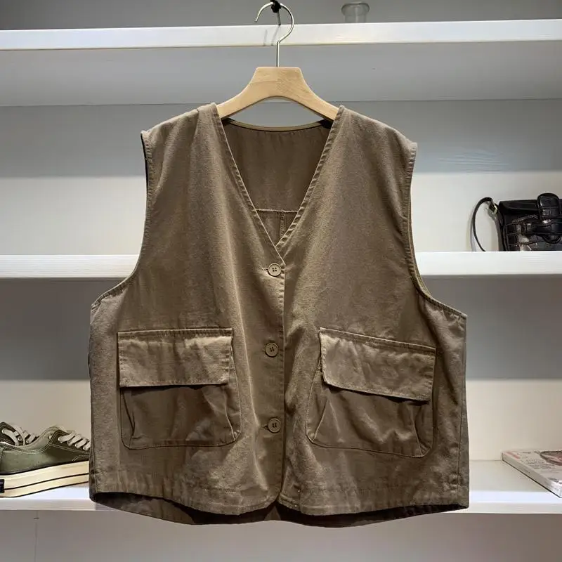 

Мужской рабочий жилет большого размера 300 Pou с двумя карманами, V-образным вырезом, повседневный, универсальный, для ранней осени, в гонконгском стиле