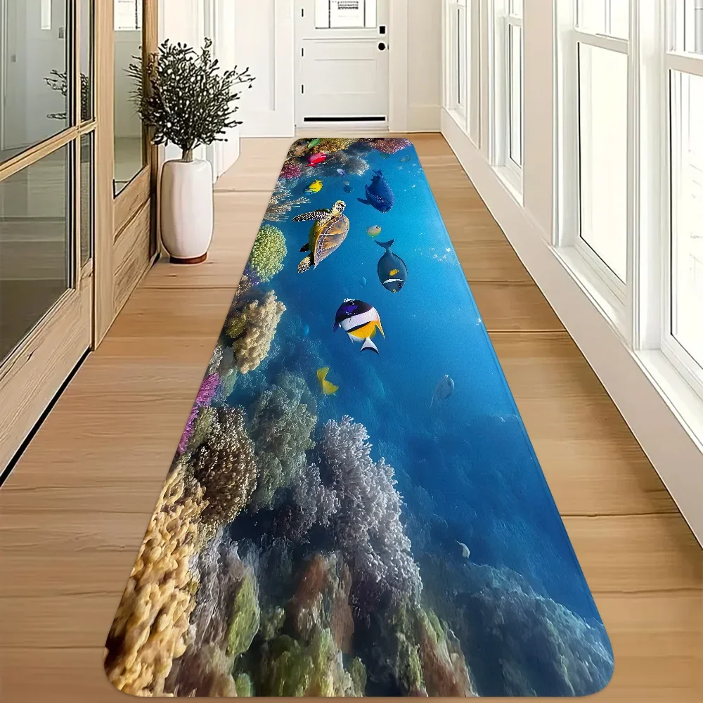 1pc Ocean Life Pattern Runner Rug, Decorative Strip Carpet, Non-Slip Bottom Mat, for Bedside, Sofa Side, Kitchen, Machine Wash