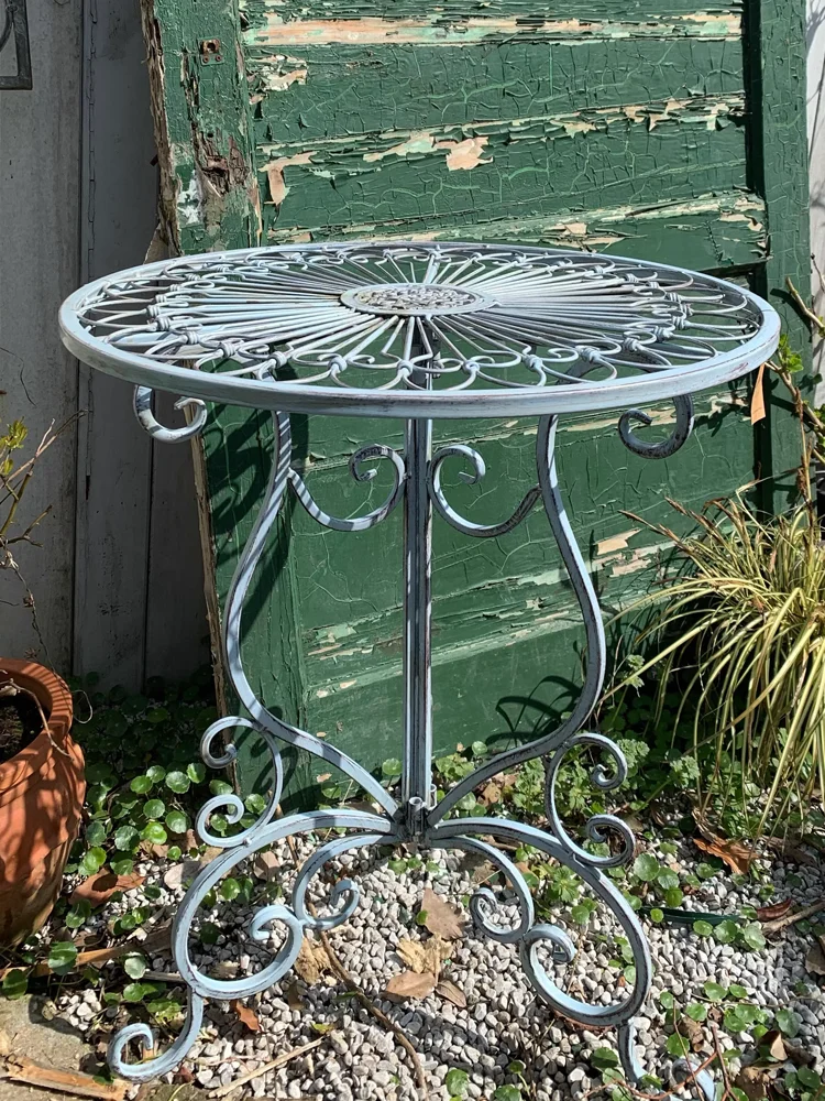 Vintage Blue Wrought Iron Folding Table with Floral Cutout Design