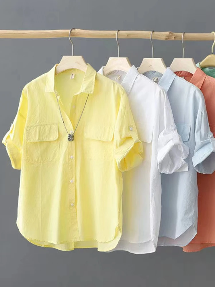 루즈핏 퓨어 코튼 반소매 셔츠 여성 캐주얼 탑 한국 스타일 버튼 디테일 v 넥 레귤러 길이 여름 셔츠