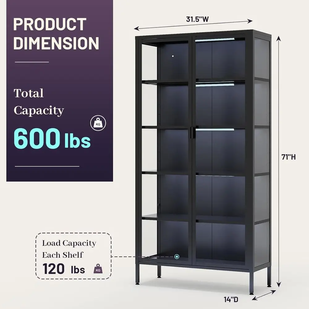 71 High Glass Display Cabinet with LED Sensor Lights, Adjustable Shelves for Living Room, Bedroom, or Kitchen view 2