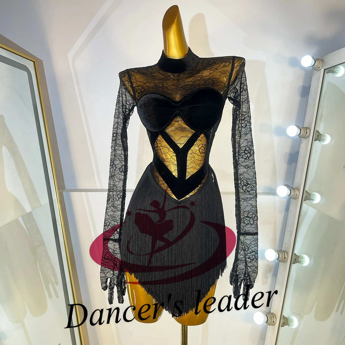 ملابس رقص اللاتينية AB Stone الإناث الكبار الأطفال الراقية مخصص الأسود الدانتيل شبكة شرابة الأسود بركة السامبا أداء اللباس