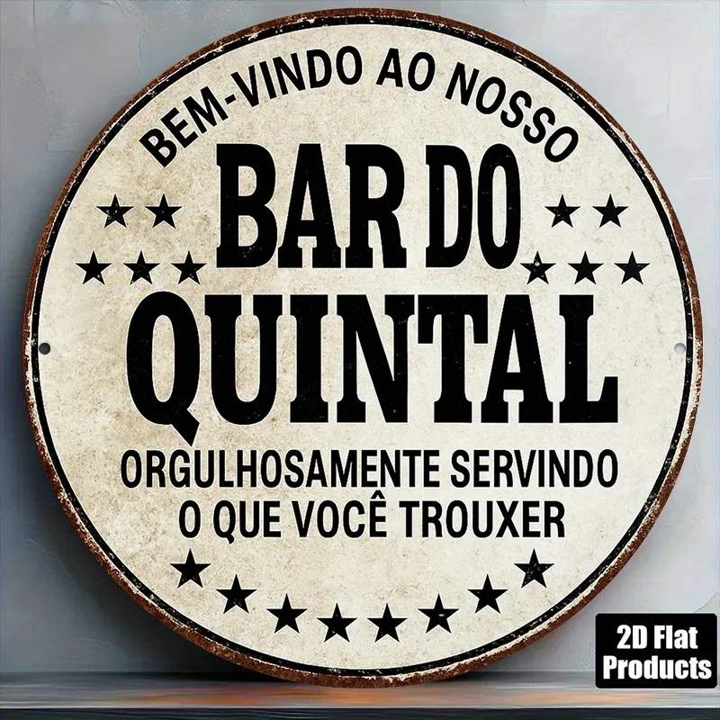 Letrero Metálico HD 'Bem-Vindo Ao Nosso Bar Do Quintal' Decoración de Pared Portuguesa Vintage Plana 2D para Patio, Bar y Jardín
