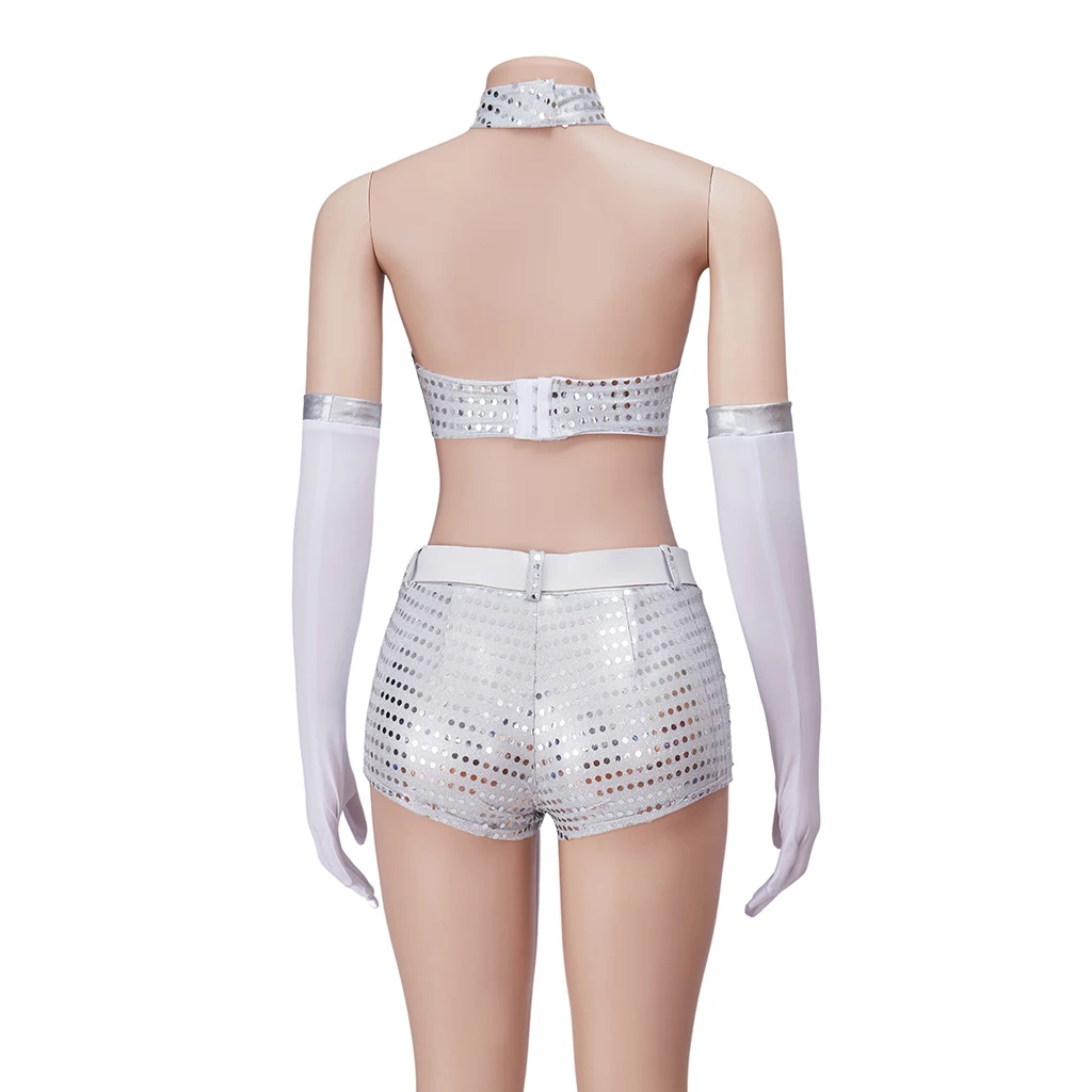 Austin Powers Fembot 코스프레 코스튬 여성용 섹시한 상의 반바지, 세트 댄스 복장, 할로윈 파티 은색 옷