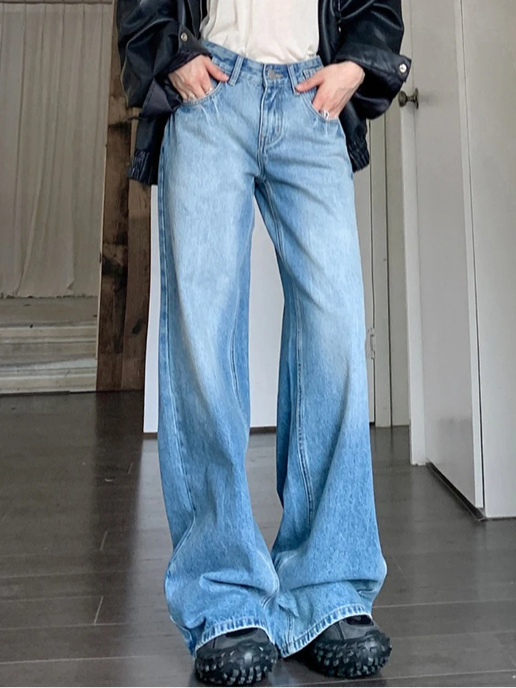 Blau Basic gewaschen lose lässig gerade Frauen Jeans Frühling Mode hohe Taille in voller Länge Vintage Straße weibliche weites Bein Hosen