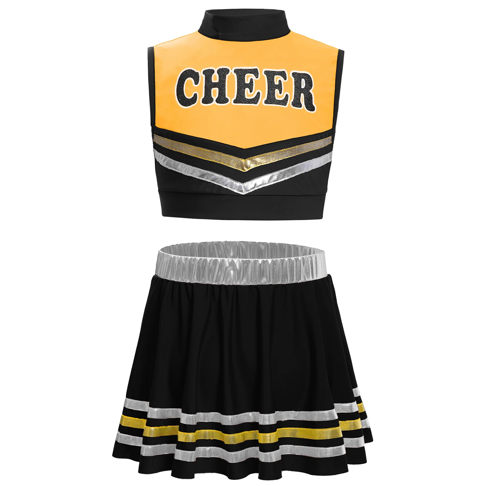 

Kids Girls Cheerleading Dance Outfit Letters Printed Color Block Keyhole Back Crop Top+Metallic Striped Hem Skirt Set Streetwear