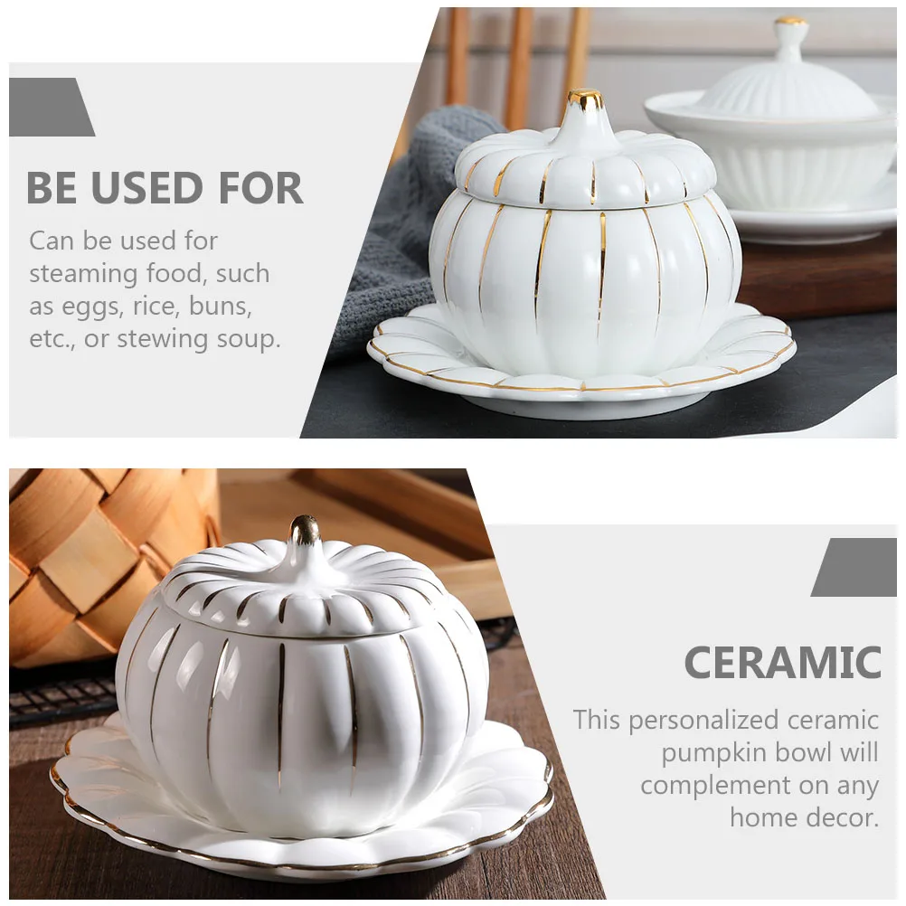 

1 set 1 Set Creative Pumpkin Soup Bowl Ceramic Stew Container With Lid Multi-Functional Food Bowl For Steaming Eggs Rice Dessert