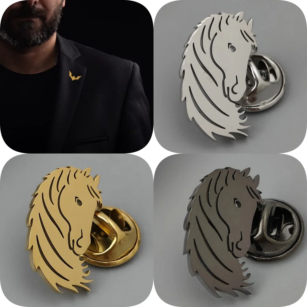 Broche de acero inoxidable de 18K con cabeza de caballo de diseño Original, insignia impermeable y que no se decolora, pin de solapa para traje, regalo de fiesta de boda