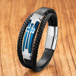 Blue Electroplate Cross Mens Bracelet Stainless Steel Charm Bracelets Multi-Layer Braided Leather Jewelry For Women