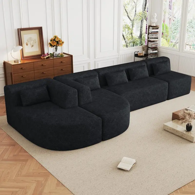 144-Inch Sofa Sectional with 2 Chaises and 5 Back Pillows for Living Room, Black