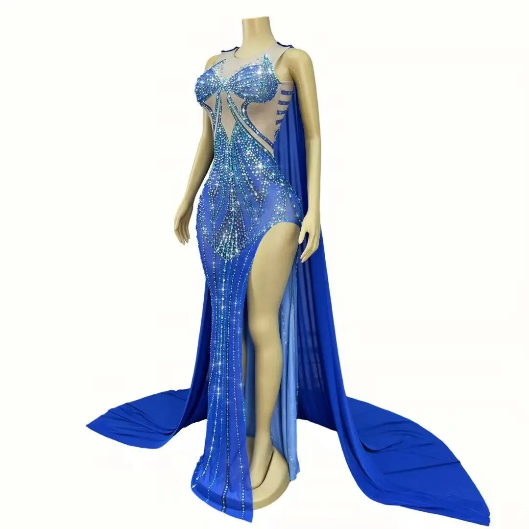 Luxe high-end sprankelende blauwe strass mantel jurk outfit sexy hoge split mesh jurk feest prom rode loper show podiumkleding