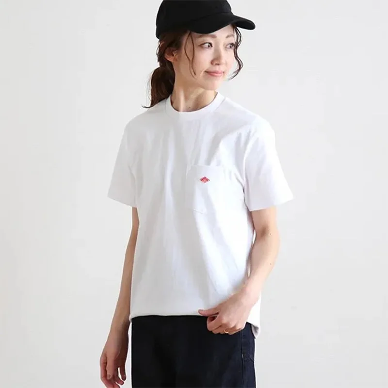 Camiseta bordada de algodón puro para hombre y mujer, camisa de manga corta, Simple, con bolsillo, marca de moda, Japón, 2024