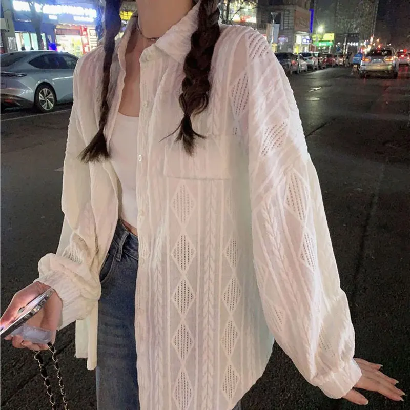 Women\'s Clothing Korean Basic Shirt Spring Autumn Casual Polo-Neck Commute Single-breasted Fashion Solid Color Hollow Out Blouse