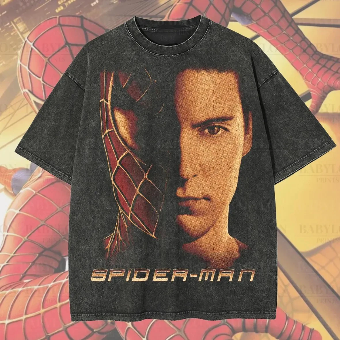 Camiseta de Spider-Man con diseño de Tobey Maguire, estilo vintage, lavado ácido, streetwear, oversized, retro, para hombre, con gráfico de la película