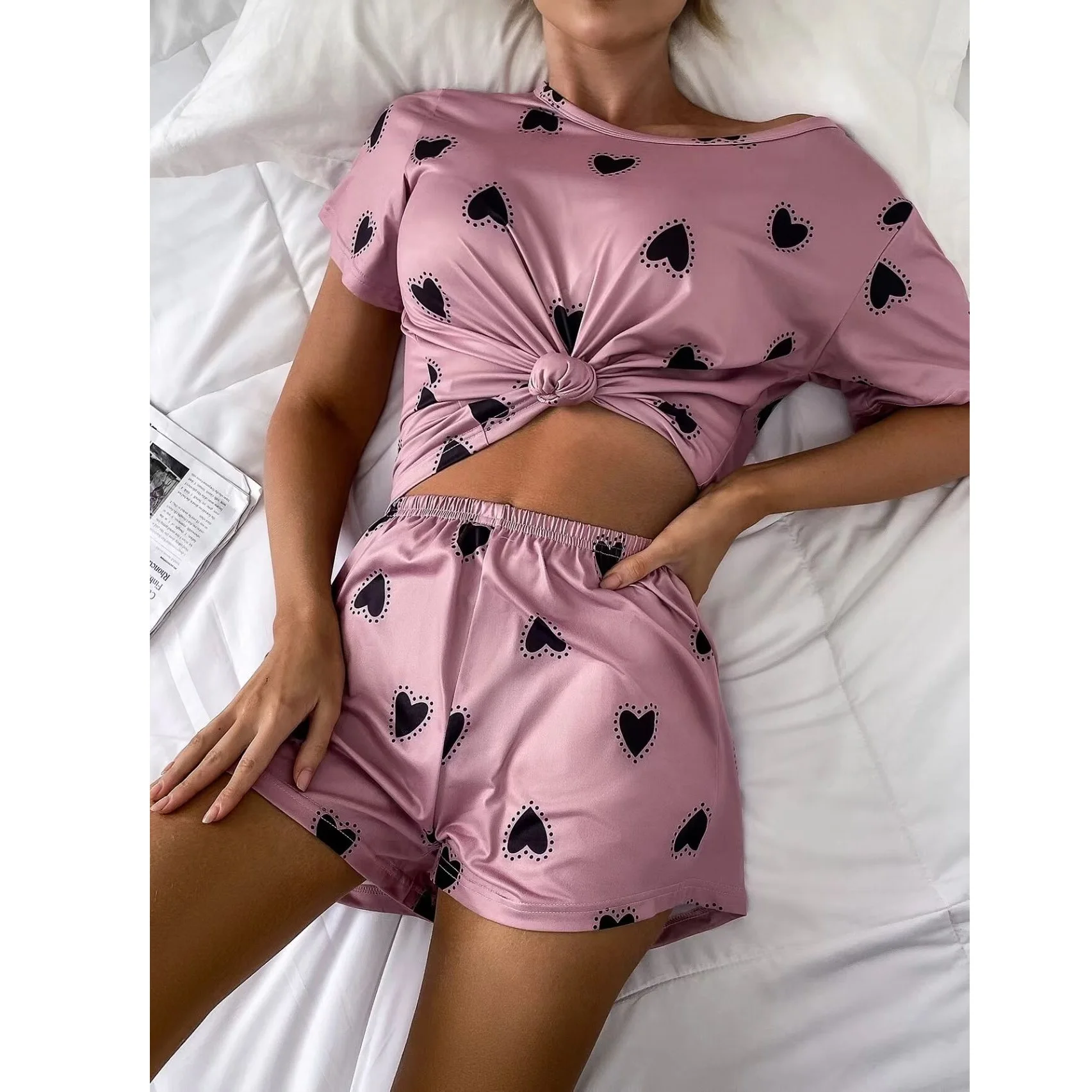 Women\'s Pajamas Set Sleepwear 2 PCS T-shirt And Shorts S M L Pink Ventilate Soft Casual Love Print