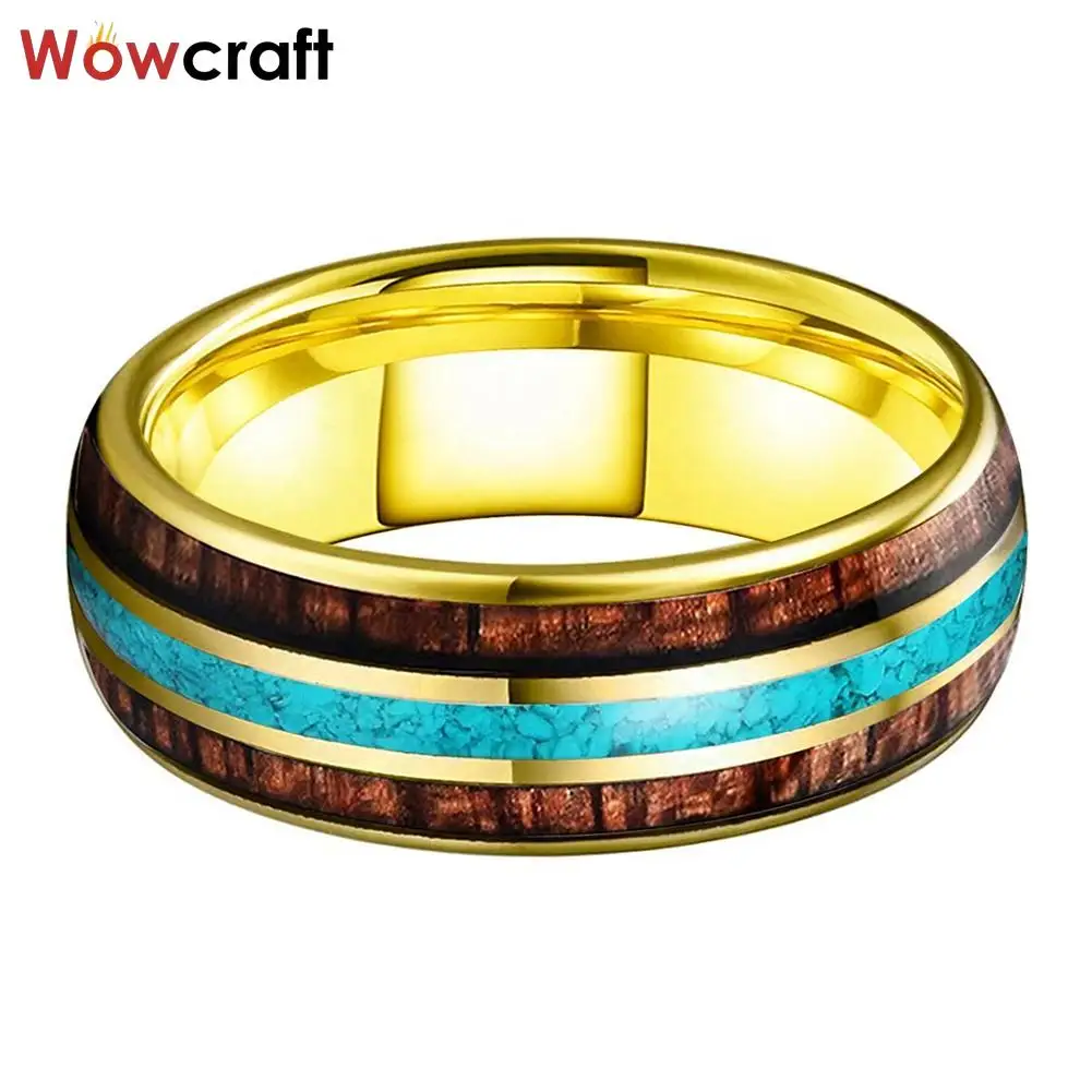 8mm Tungsten Carbide Rings for Men Women Turquoise Wood Inlay Wedding Bands Polished Shiny Domed Comfort Fit Size 6-15