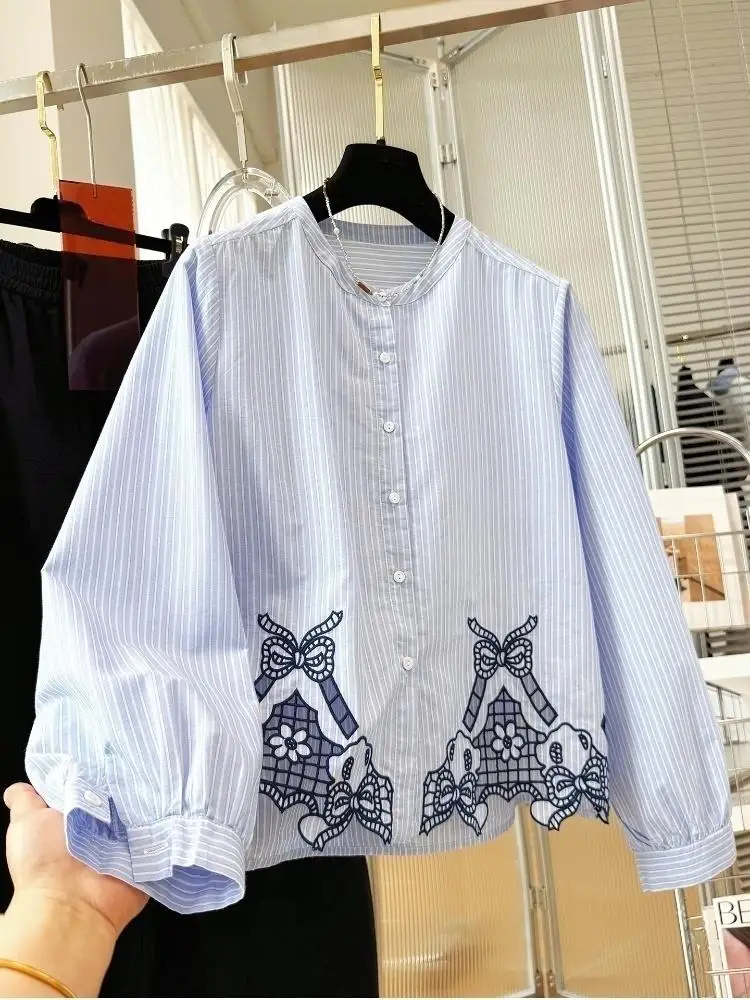 

Летний вышитый кардиган 2026: женская свободная повседневная модная блузка с длинным рукавом, однобортная рубашка с круглым вырезом