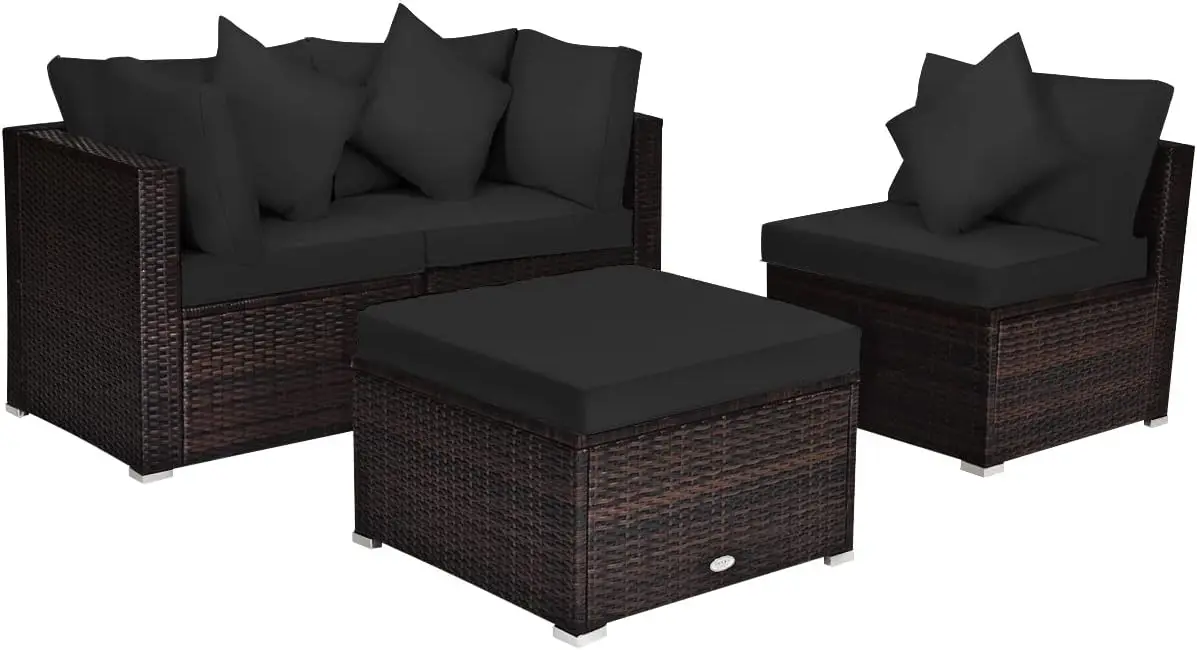 4 PCS Patio Rattan Sofa Set, Outdoor Wicker Sectional Furniture Set, Patio Conversation Set with Removable Cushions & Pillows