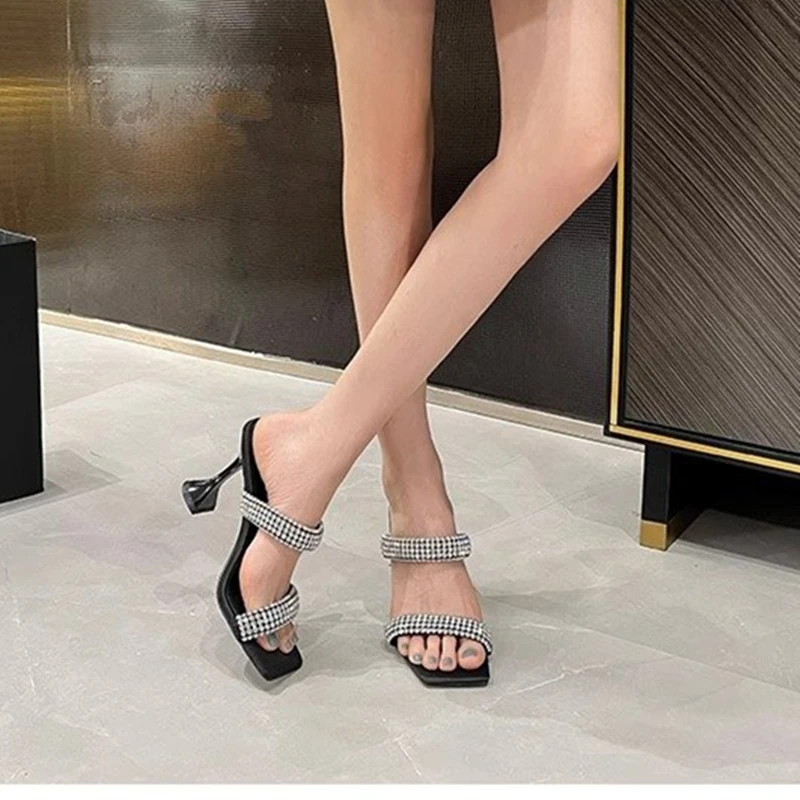 Fashionable High Heel Sandals 2024 New Summer Outerwear Square Toe Stiletto Heels Rhinestone High Heels Women's Sandals/Slippers