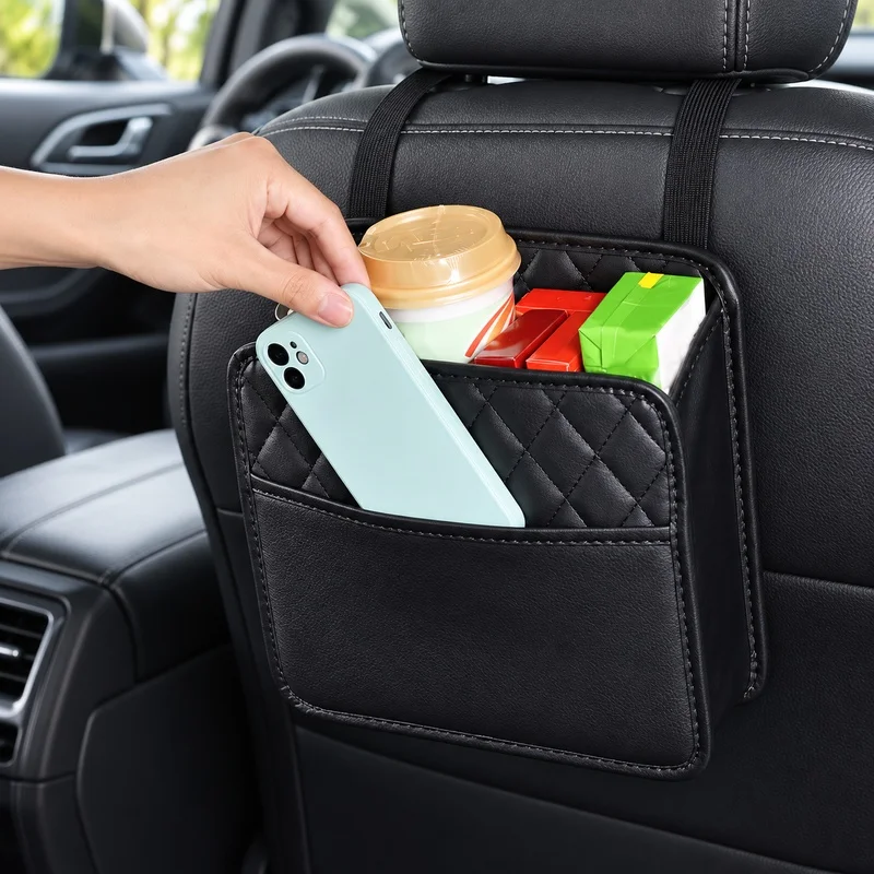 Universal Car Seat Side Storage Organizer, Multifunctional Leather Bag Featuring Built-In Garbage Pouch