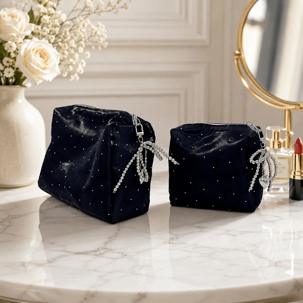 Elegant Luxury Sequin Cosmetic Bag Handheld Portable Cosmetic Organizer Beaded Bowknot Zipper Rhinestone Handbag Carry-On