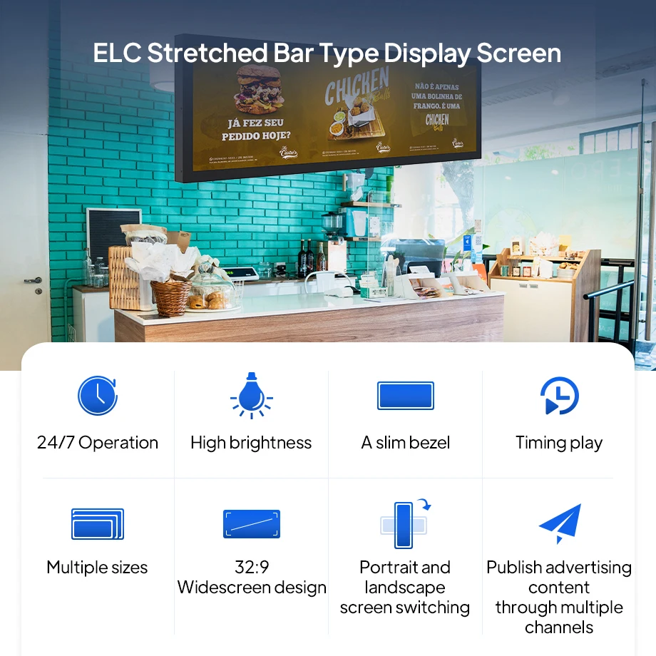 Indoor 29 Inch High Brightness Wide Ultra Advertising Stretched Bar Screen Display With Android System