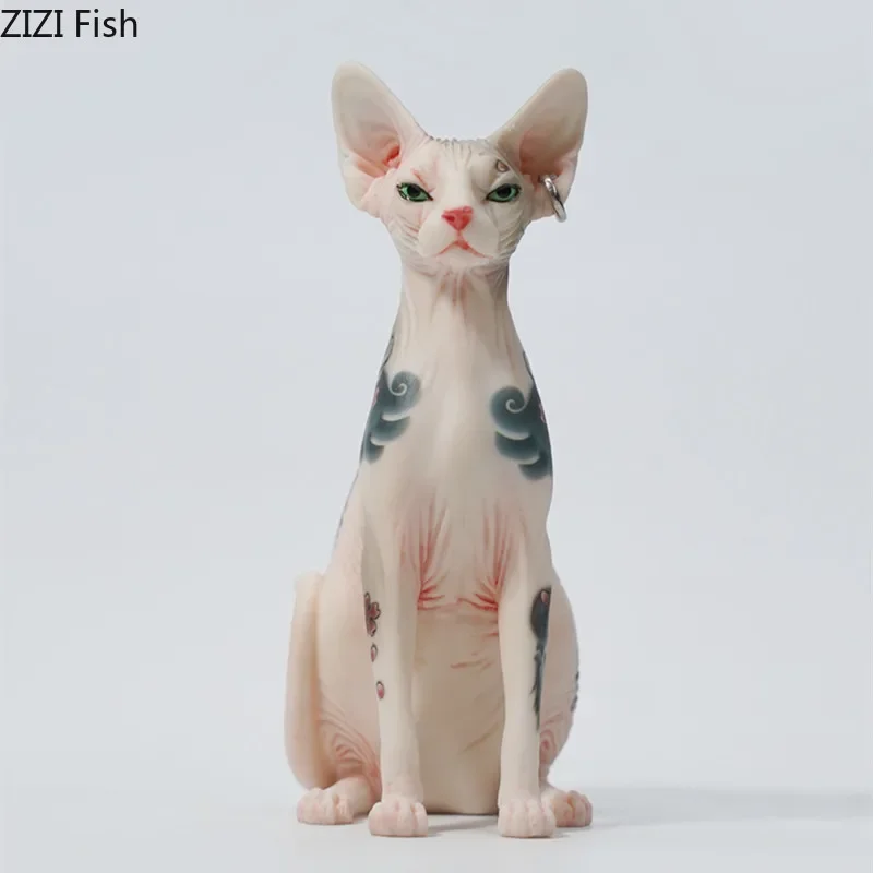Mini Hairless Cat Model Creative Tattoo Cat Resin Animal Simulation Statue Decoration Modern Car Home Decoration Accessories