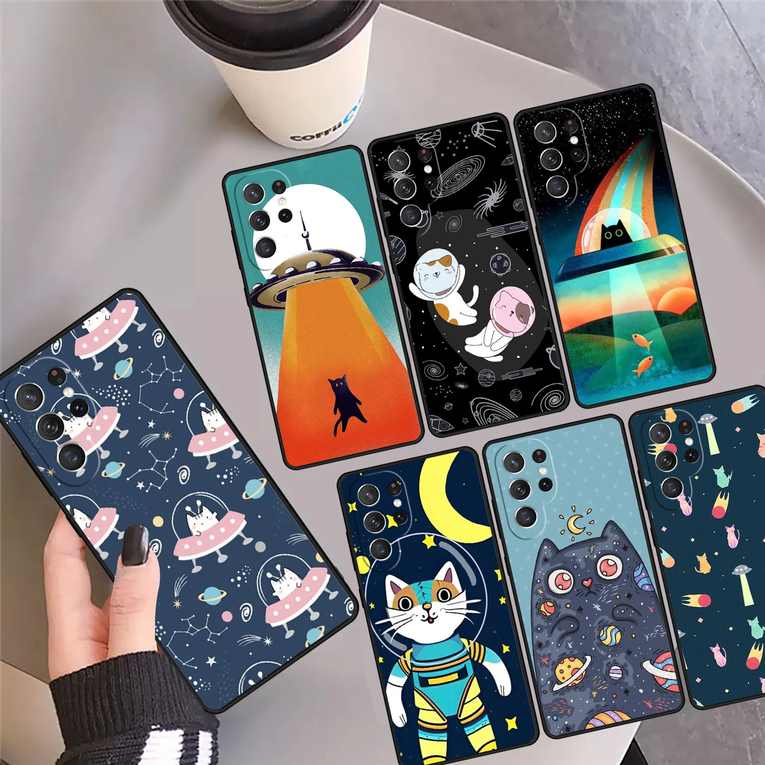 

UFO Alien Cat universe Phone Case Cover For Samsung Galaxy S24 S25 Ultra 23 S22 Plus S21fe Lite S20 Note 10 Pro Note 20