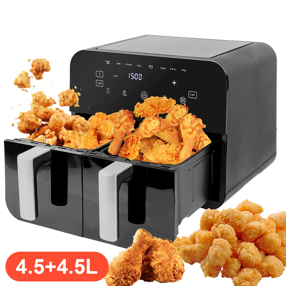 2400W 9L Hot Air Fryer Double Chamber -2 Independent 4.5L Drawers air fryer Automatic Programmes with LED Touch Screen