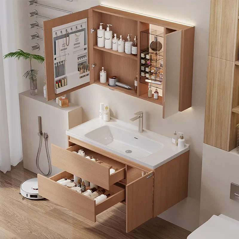 Modern Walnut Color Integrated Ceramic Basin Bathroom Cabinet with Beauty Rack Simple Sanitary Ware Washbasin Combination