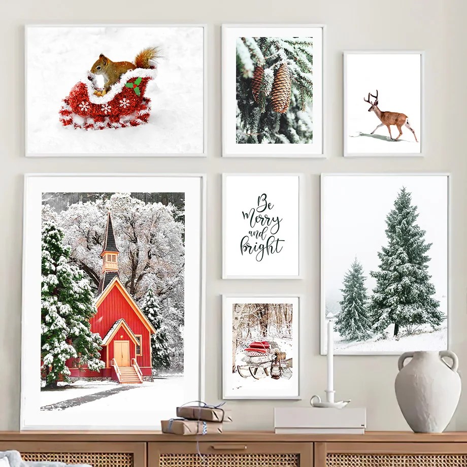 Christmas Red House Squirrel Deer Pine Tree Wall Art Canvas Painting Living Room Decoration Posters Prints Home Wall Pictures