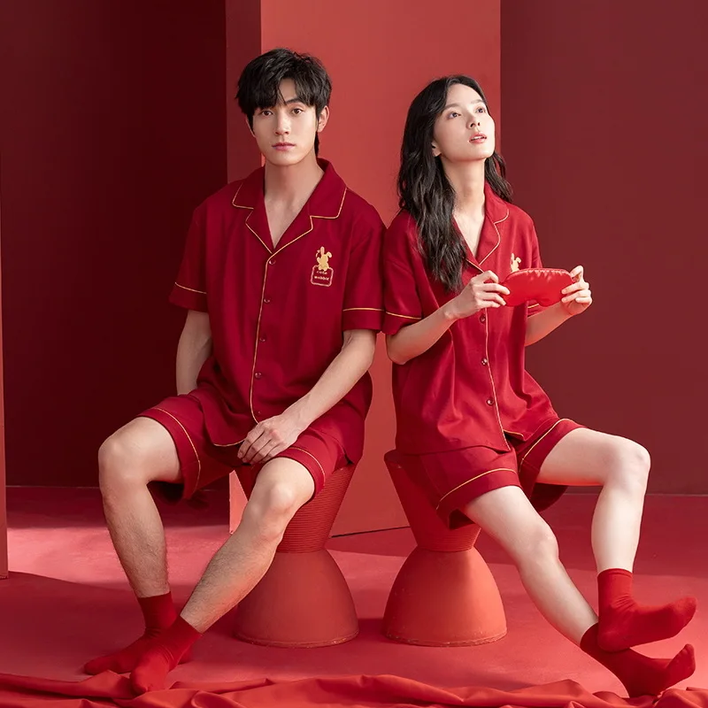 2024 Newlywed Couple Pajamas Set Cotton Nightwear for Summer Women and Men Matching Cardigan Home Clothes Red Pijamas Hombre