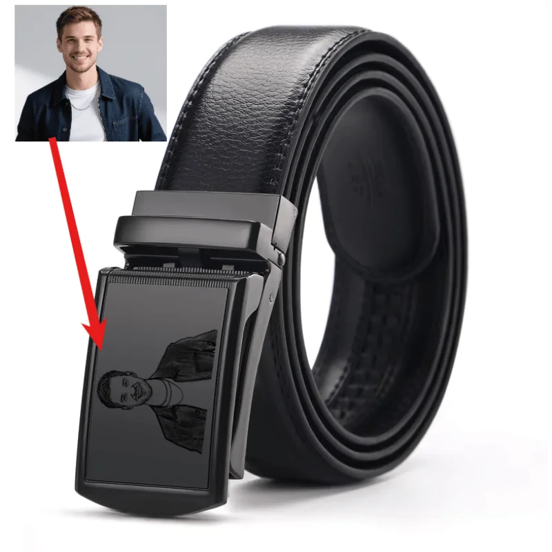 Customized Photo Men's Automatic Buckle Belt Jeans Genuine Leather Waistband Available in Multiple Sizes Ranging From 105-170cm