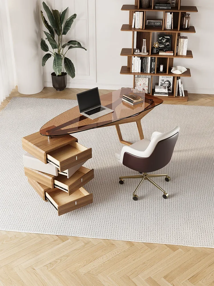 Light luxury high-end special-shaped solid wood desk rotating drawer tempered glass study reading study table