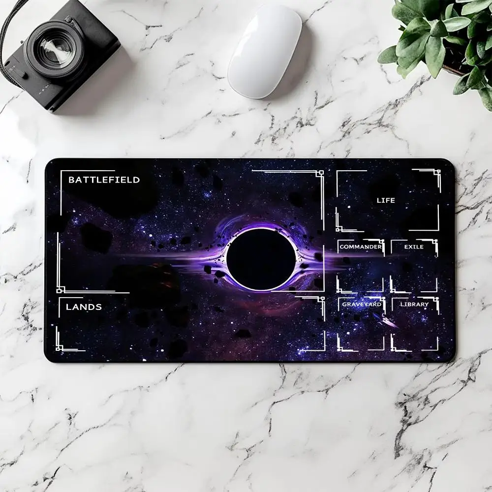 Cosmic Black Hole Galaxy MTG Commander Playmat With Printed Zones, Anti-Slip Rubber Card Game Mat, 24x14 Inch