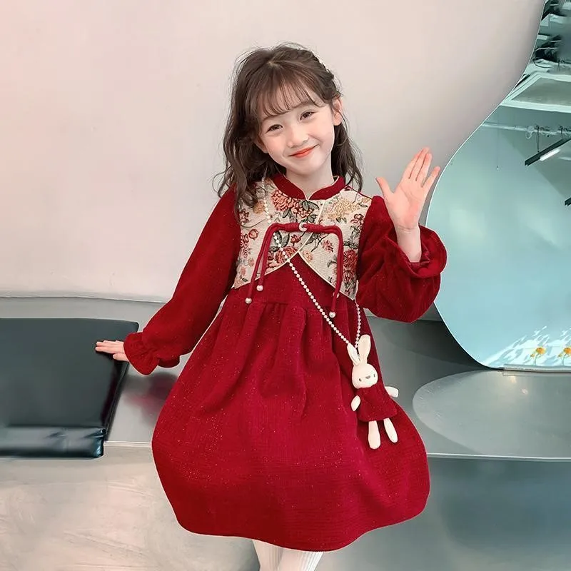 2026 Girls' Cheongsam Skirt Spring/Autumn New Children's Red Princess Dress Little Girls' Chinese Style Ancient Qipao DressLI986