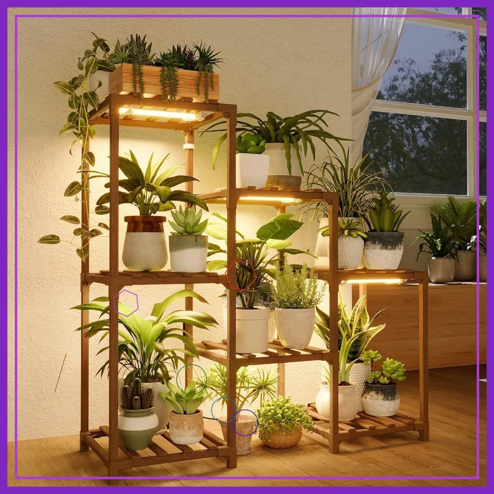 3-Tier Ladder Plant Stand with Warm Grow Light for Multiple Pots, Boho Home Decor for Living Room Patio Gardening